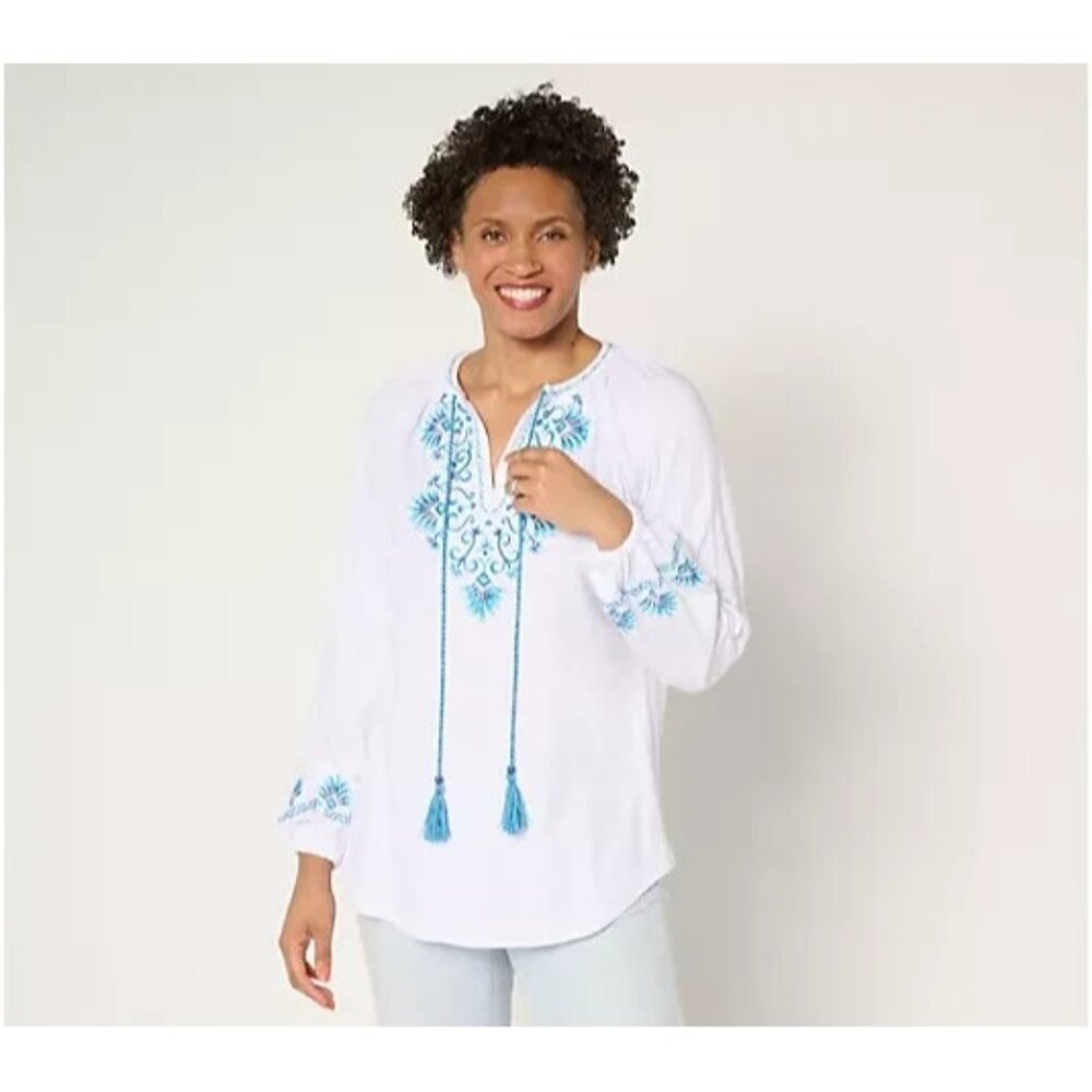 Bellisima by Kim Gravel Mykonos Mamma Mia Embroidered Top White 2X A688260